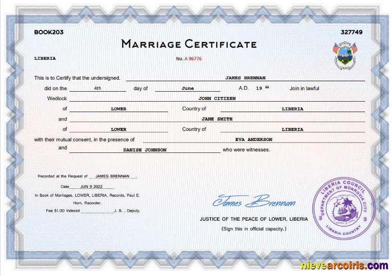 Liberia marriage certificate